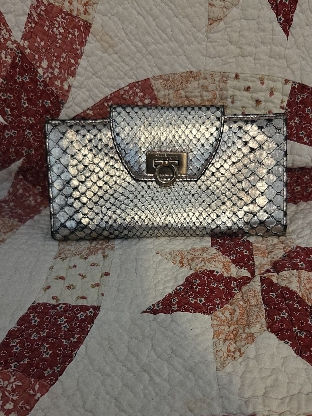 Salvatore Ferragamo Silver Metallic Snakeskin-Texture Clutch Wallet